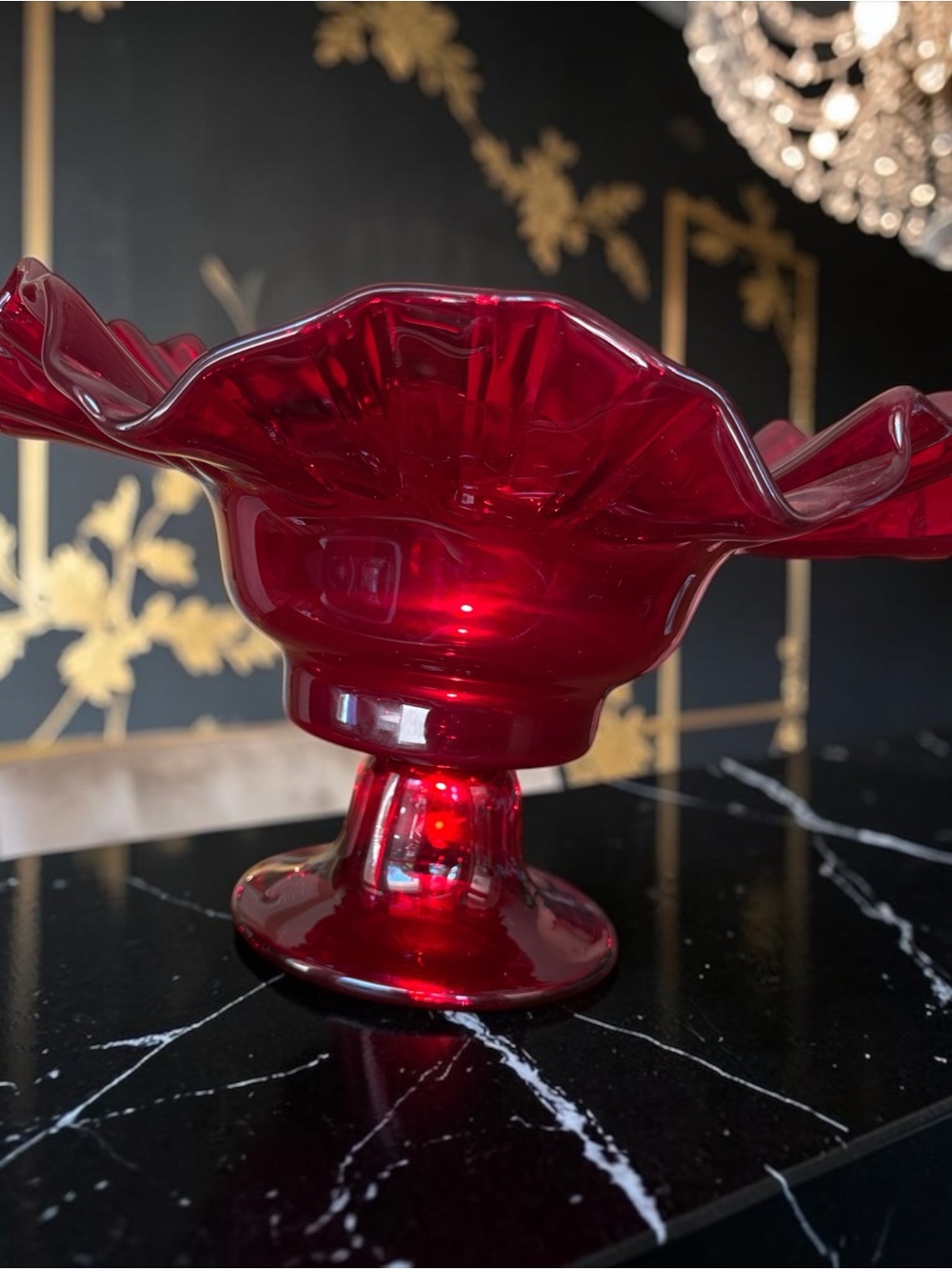 Vintage Fenton Ruby Red Thumbprint Glass Compote Ruffled Candy Dish